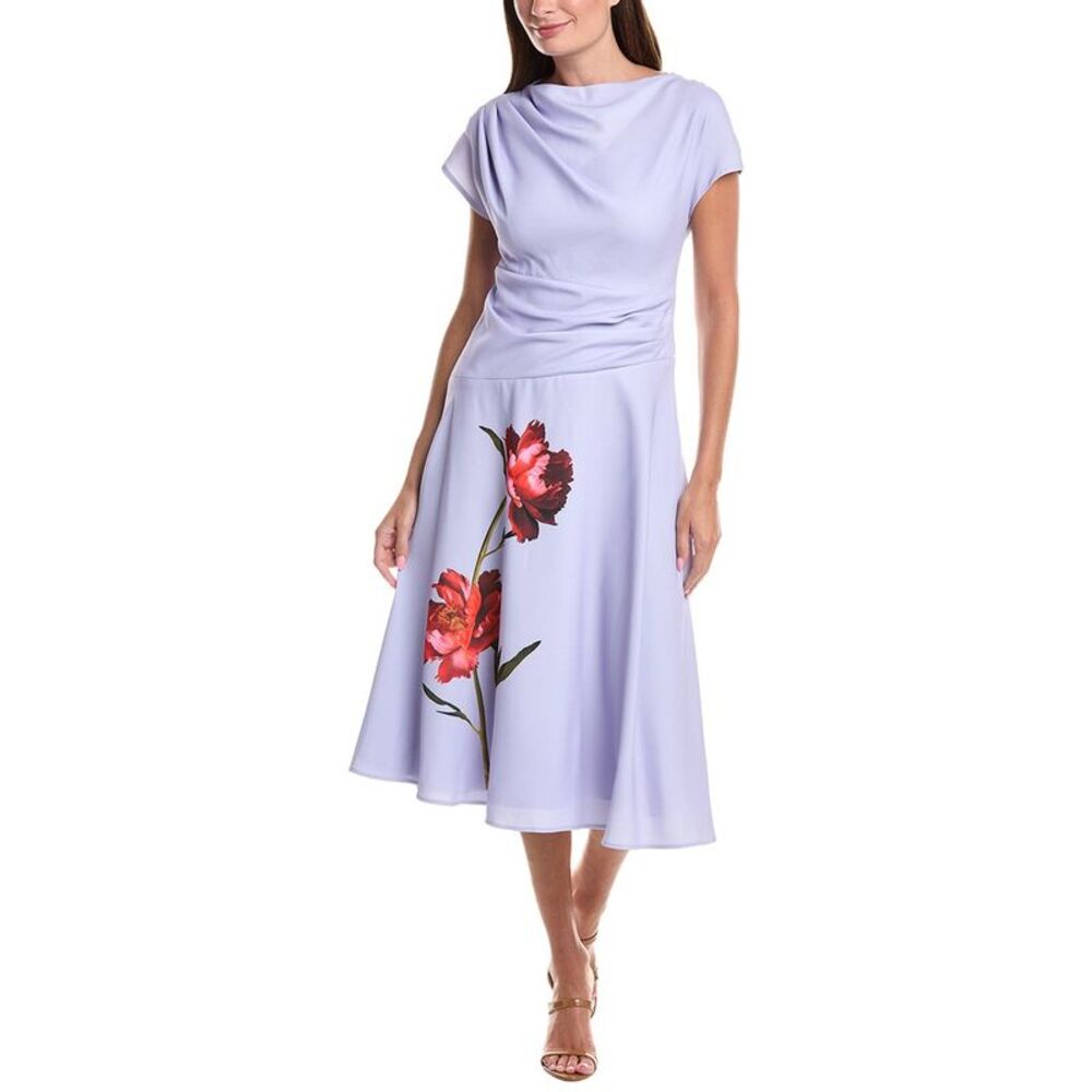 Teri Jon By Rickie Freeman Womens Crepe Cap Sleeve Drape Waist Digital Flower